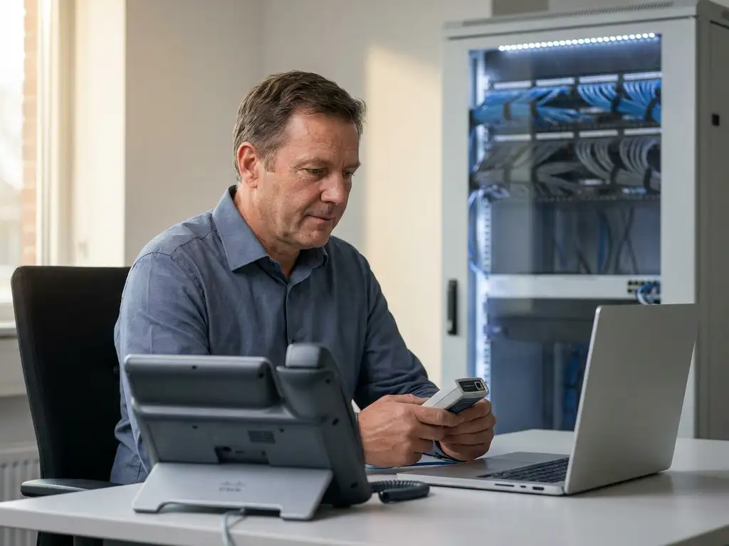 Telekommunikationsingenieur am modernen Arbeitsplatz mit Tischtelefon, Laptop und organisiertem Serverrack im Hintergrund.