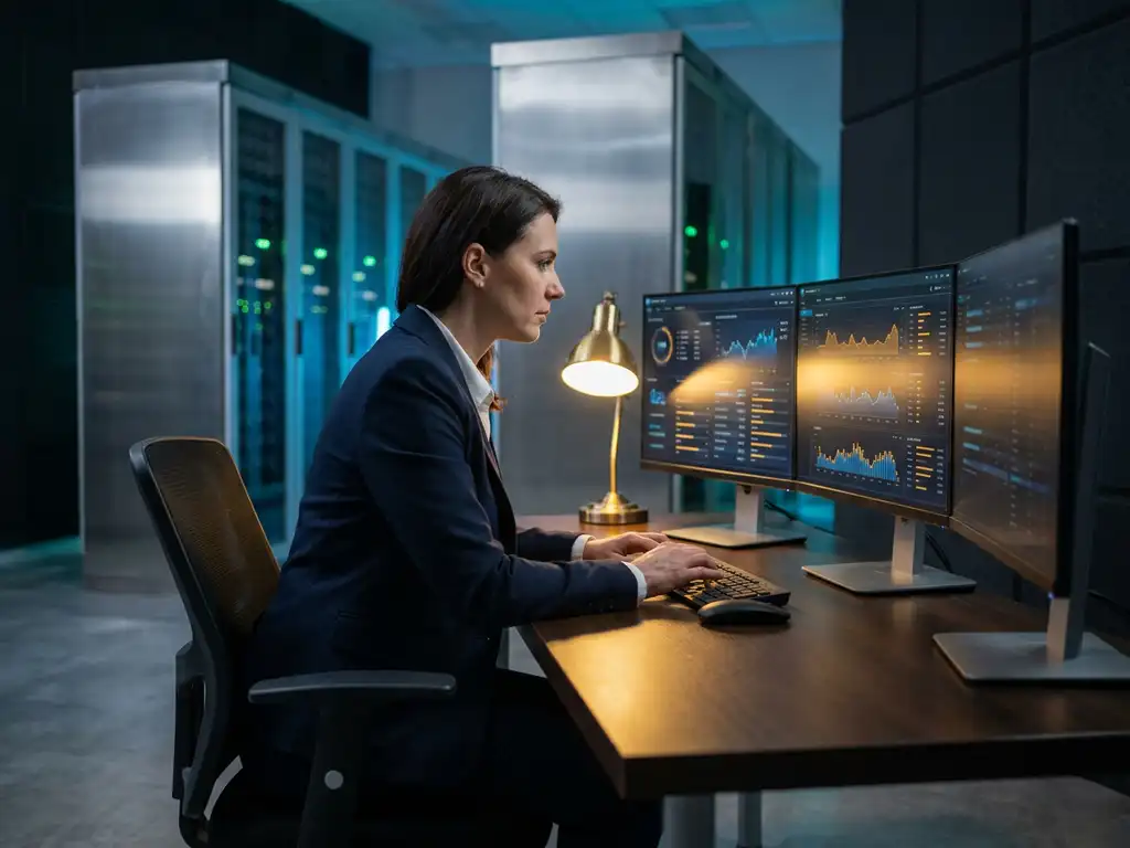 Telekommunikationsingenieur im Serverraum analysiert Anruf-Dashboards auf mehreren Bildschirmen neben Rack-Servern.