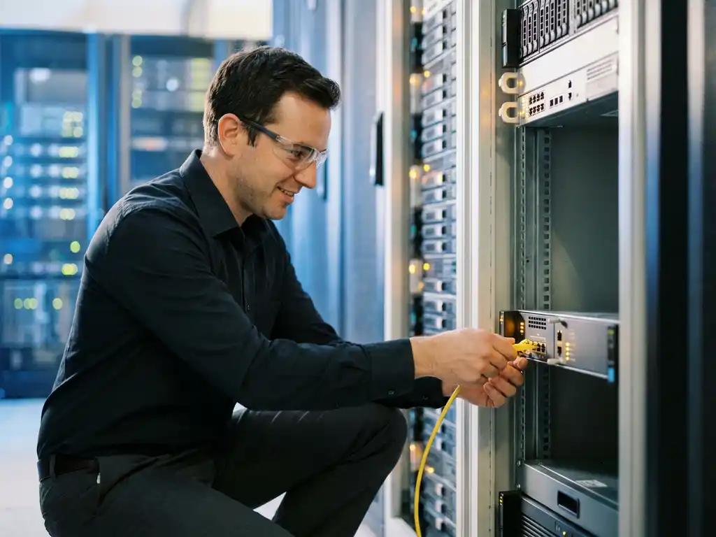 Telekommunikationsingenieur verbindet Kabel an einem VoIP-Hardware-Rack in einem modernen Serverraum.