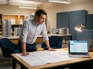 Telekommunikationsingenieur analysiert Netzwerkdiagramm am Schreibtisch, Bürogebäudemodelle mit Kabelverbindungen im Hintergrund, Softphone-Laptop daneben.