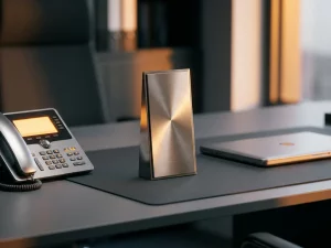 Titanfarbene Trophäe auf modernem Büroschreibtisch neben Laptop und Telefon, warmes Seitenlicht, elegante Unternehmensatmosphäre.