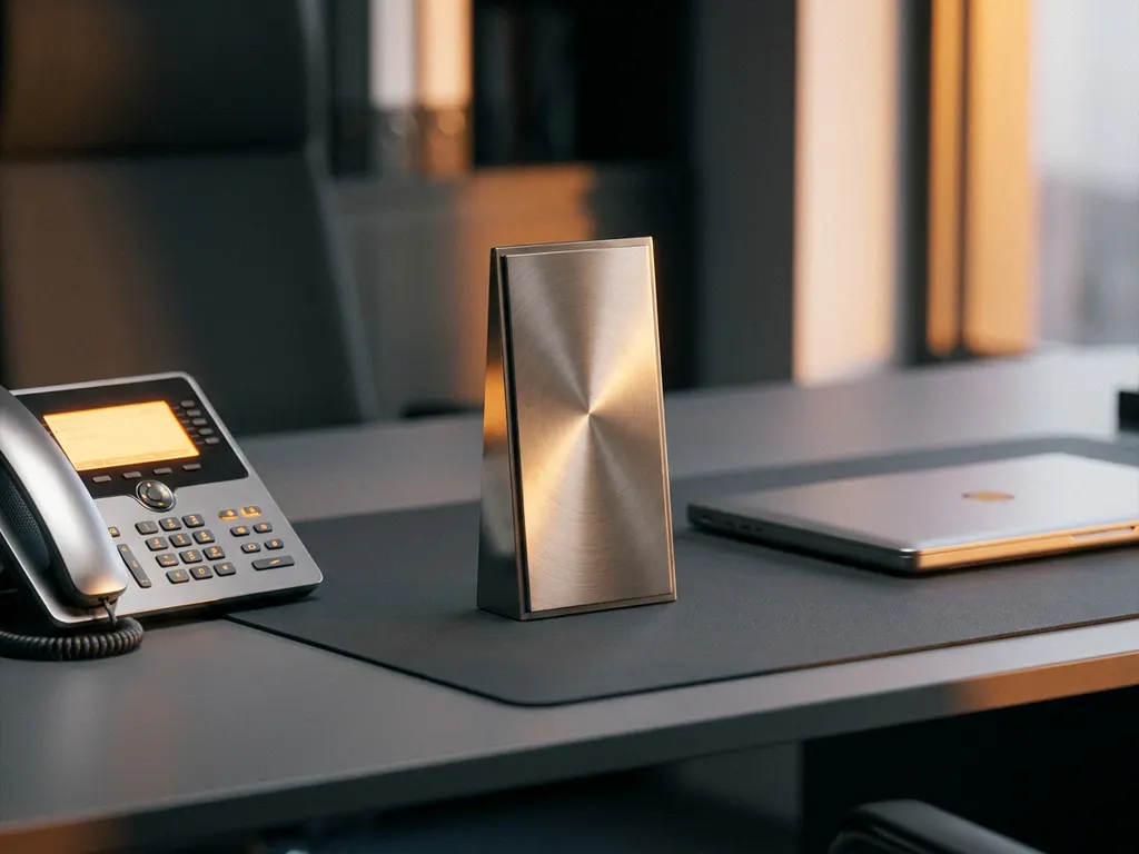 Titanfarbene Trophäe auf modernem Büroschreibtisch neben Laptop und Telefon, warmes Seitenlicht, elegante Unternehmensatmosphäre.