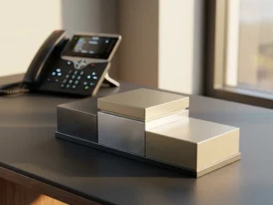 Dreistufiges Siegertreppchen aus Silber und Gold auf modernem Büroschreibtisch mit unscharfem Telefon im Hintergrund.