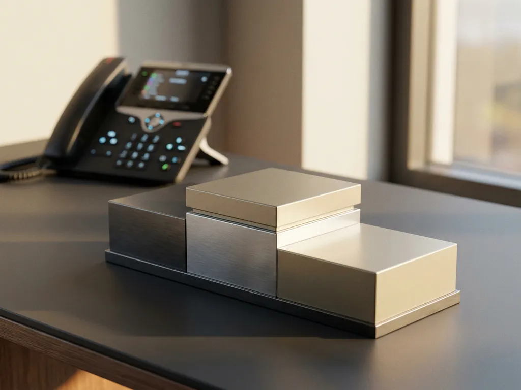 Dreistufiges Siegertreppchen aus Silber und Gold auf modernem Büroschreibtisch mit unscharfem Telefon im Hintergrund.