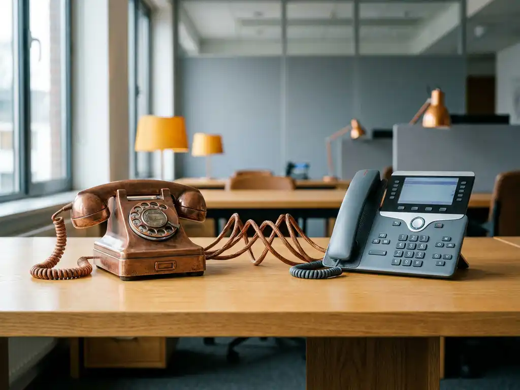 Vintage-Tischtelefon mit Kupferkabeln neben modernem IP-Telefon auf Büroschreibtisch, symbolisiert analoge zu VoIP-Telefonmigration.