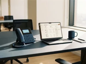VoIP-Tischtelefon auf modernem Büroschreibtisch, verbunden mit Laptop und CRM-Dashboard, Kaffeetasse und Notizblock im Hintergrund.