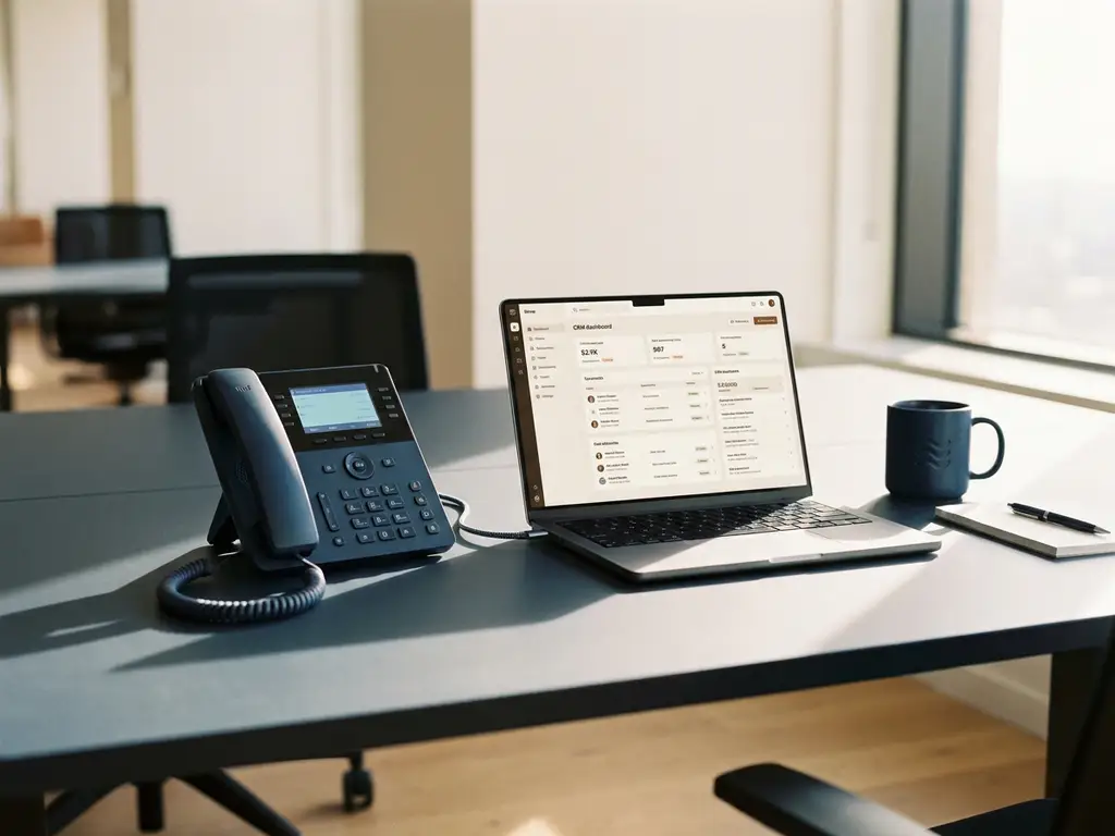 VoIP-Tischtelefon auf modernem Büroschreibtisch, verbunden mit Laptop und CRM-Dashboard, Kaffeetasse und Notizblock im Hintergrund.