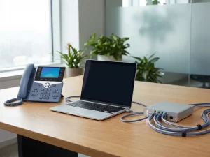 VoIP-Tischtelefon und Laptop auf einem Unternehmensschreibtisch mit Ethernet-Kabeln und Server-Modul für offene SIP-Integration.