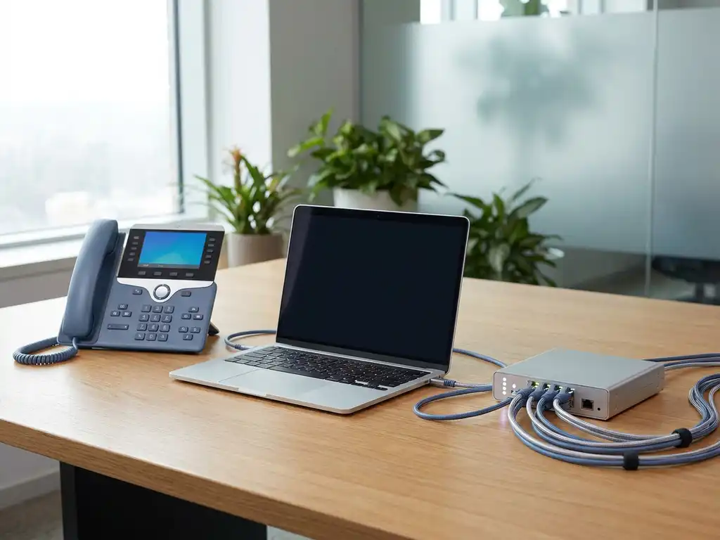 VoIP-Tischtelefon und Laptop auf einem Unternehmensschreibtisch mit Ethernet-Kabeln und Server-Modul für offene SIP-Integration.
