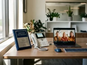 Zertifizierungsplakette neben Tischtelefon und aufgeklapptem Laptop mit Videoanruf auf modernem Büroschreibtisch im Tageslicht.