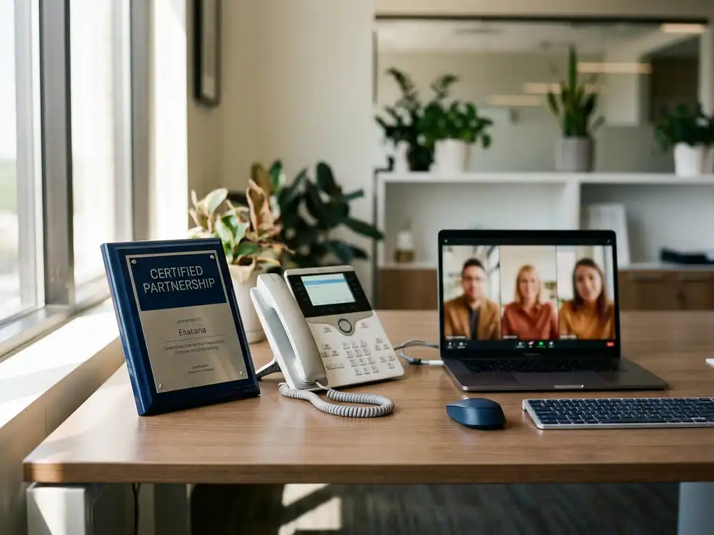 Zertifizierungsplakette neben Tischtelefon und aufgeklapptem Laptop mit Videoanruf auf modernem Büroschreibtisch im Tageslicht.